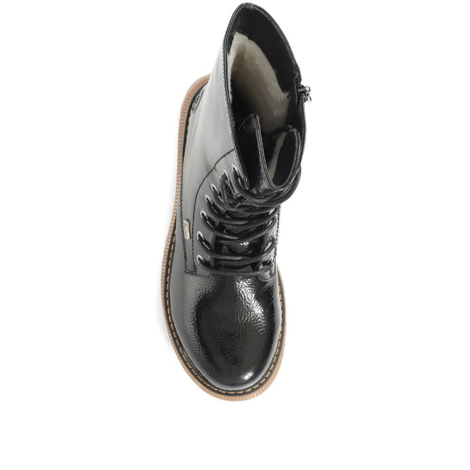 Black Patent Lace-Up Calf Boots Rieker