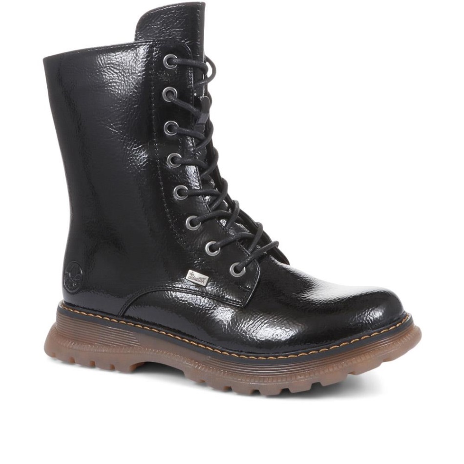 Black Patent Lace-Up Calf Boots Rieker